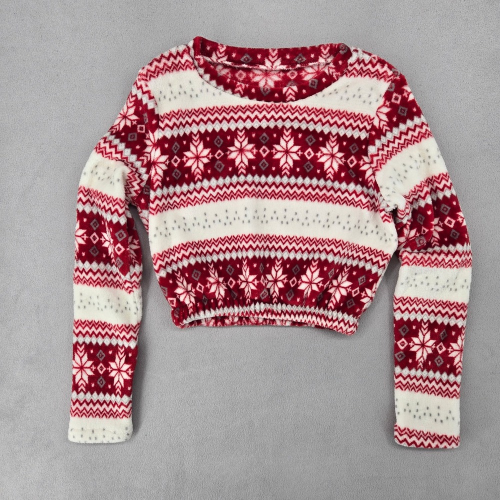 Womens Small Red White Fair Isle Fleece Cropped Long Sleeve Top Festive
